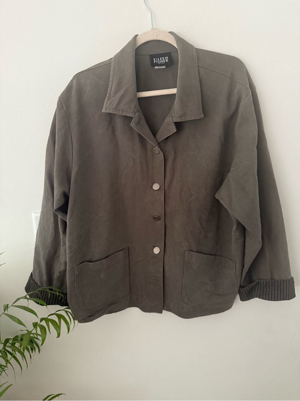 Vintage Eileen Fisher Olive Cotton-Blend Button Jacket